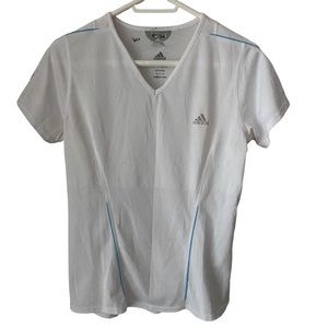 Adidas size Large Formotion white with blue stripes short sleeve tee shirt EUC